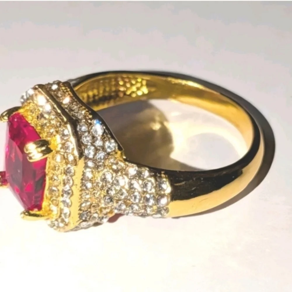 4ct Radiant Cut Lab Created Ruby For Male Or Female 18k Gold Plated Ring  Sz12